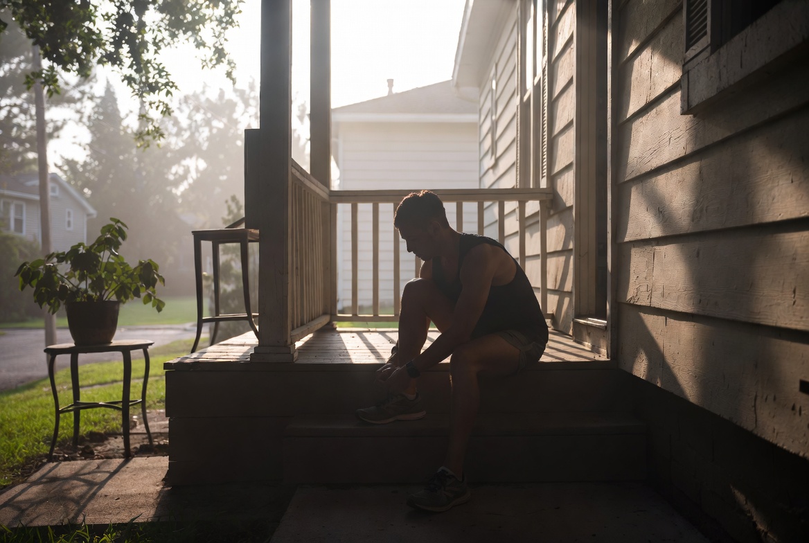 Person tying running shoes on front porch steps