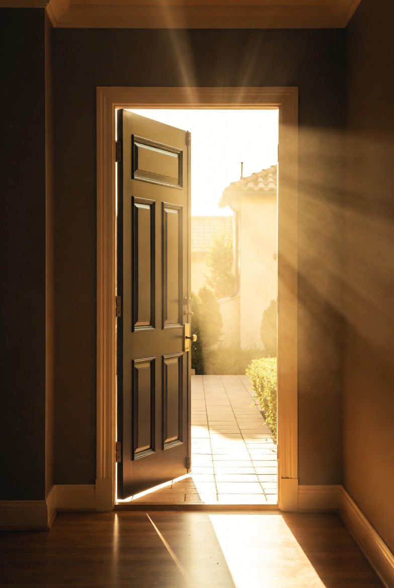 Open front door with sunlight streaming through