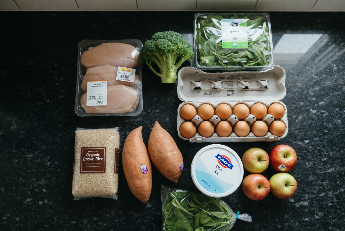 Overhead shot of smart grocery haul on dark countertop