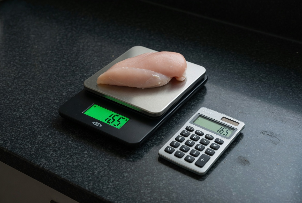 Kitchen scale with food and calculator side by side