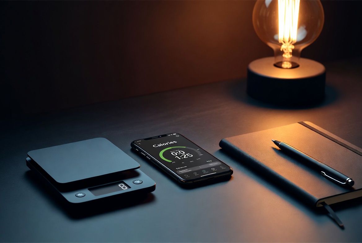 Minimalist desk with tracking app, food scale, and notebook